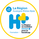 Logo montrant un H et un + et disant "La région Auvergne-Rhône-Alpes. La Région se mobilise encore plus pour le handicap. Formation. 